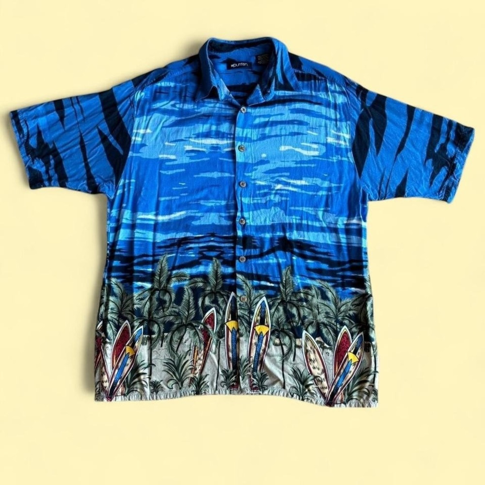 Vintage Aloha Shirt Puritan Mens Size Large Blue Black Hawaiian Surf Surfboard